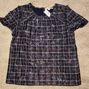 LOFT Shimmer Plaid Blouse - Black and Blue